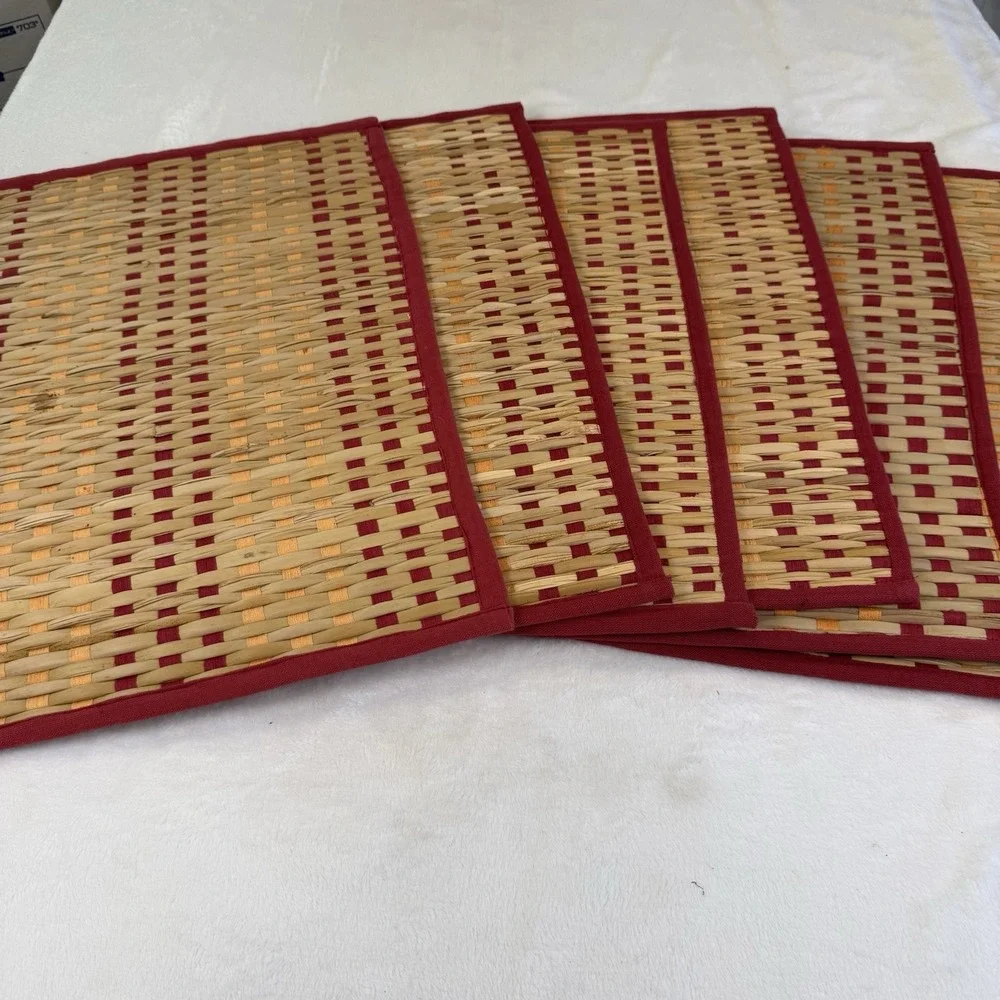 Vintage Woven Placemats Set of 8 Red Orange Natural Fiber Rustic Table Mats